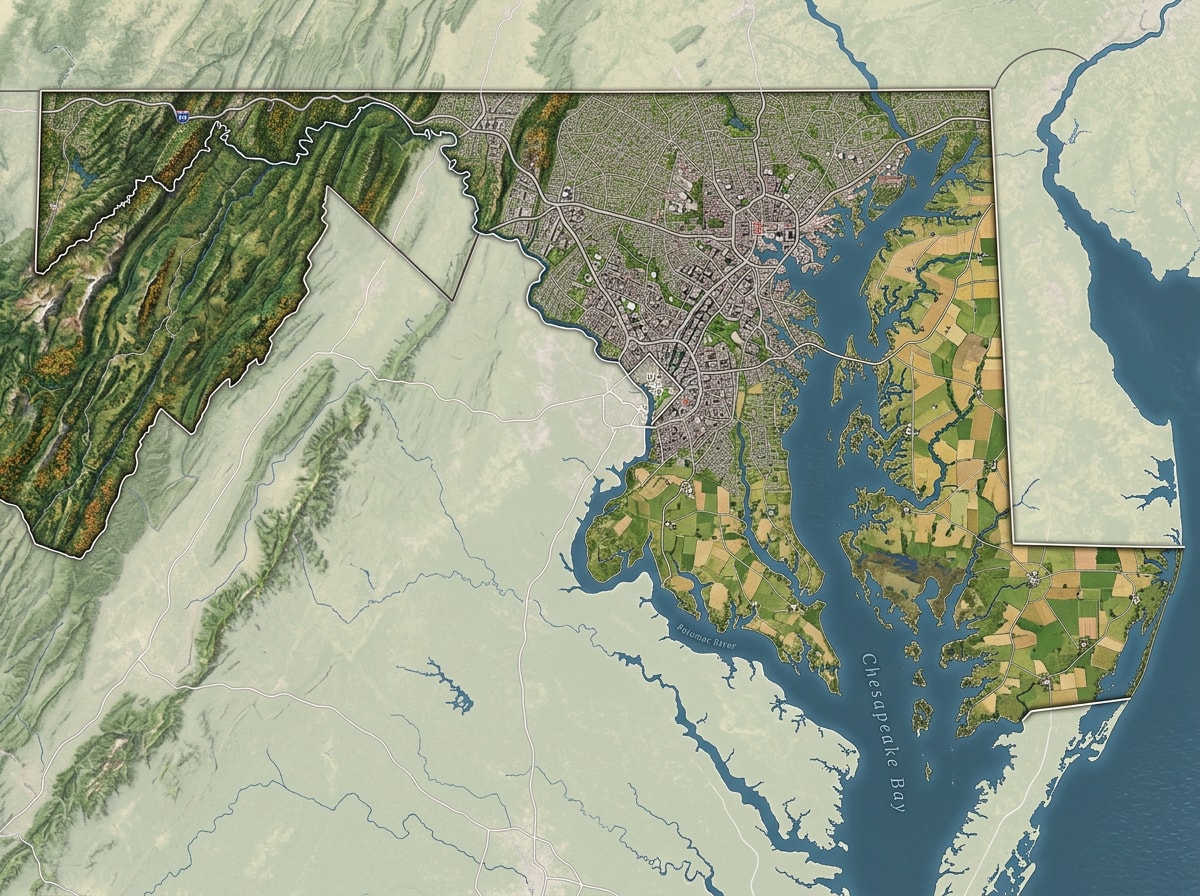 Split map illustrating DC-Baltimore corridor, Eastern Shore, and western Maryland building zones