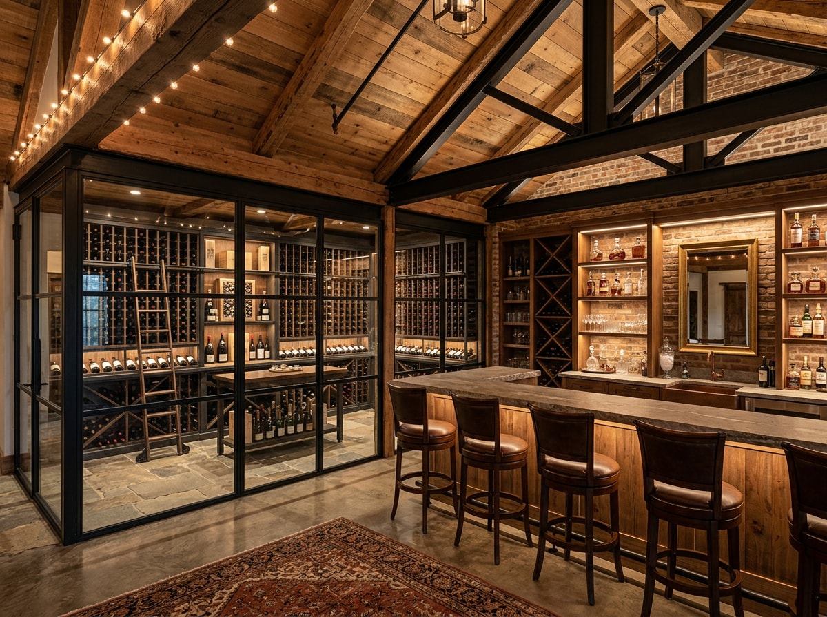 Finished wine cellar and bar built inside a barndominium interior