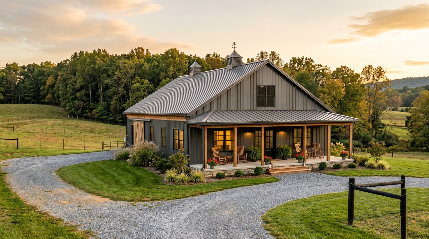Finished barndominium home exterior in rural Maryland