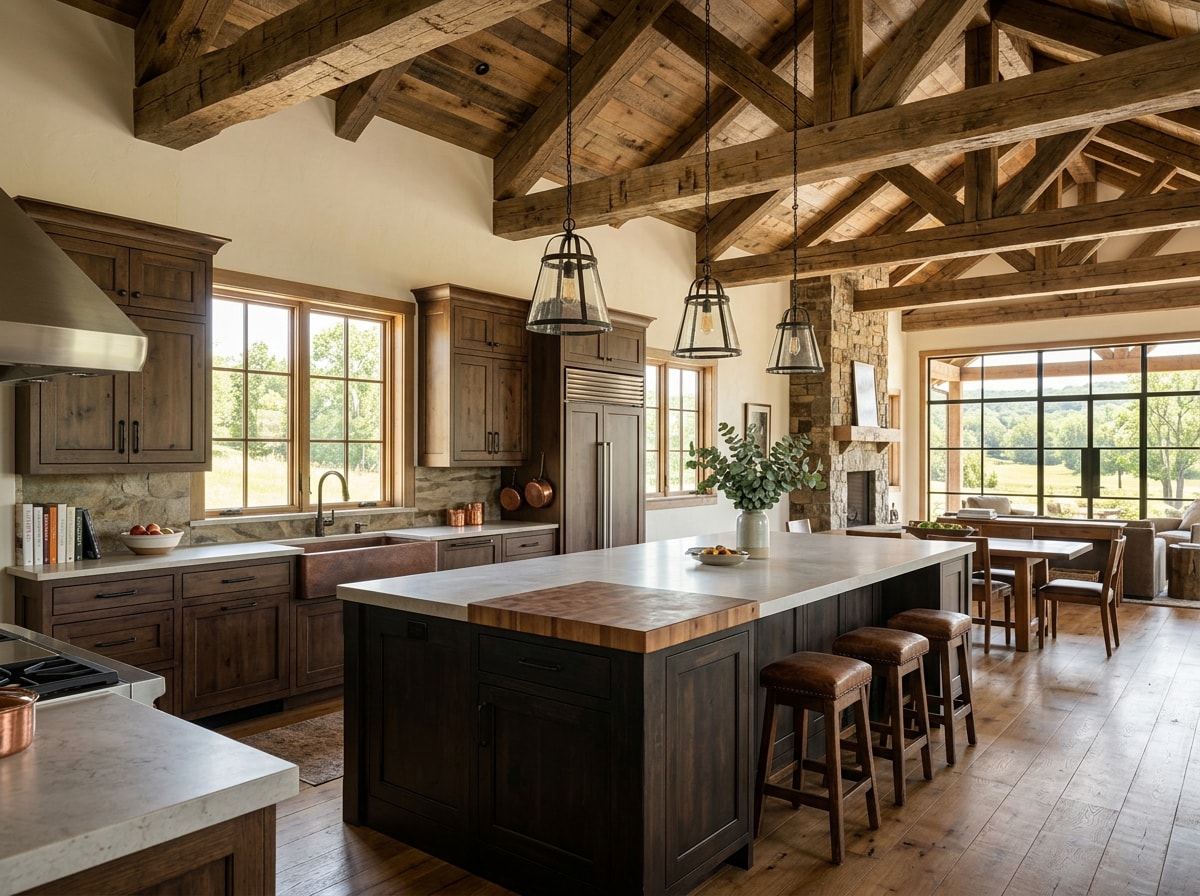 Finished barndominium interior with custom kitchen cabinetry and stone countertops