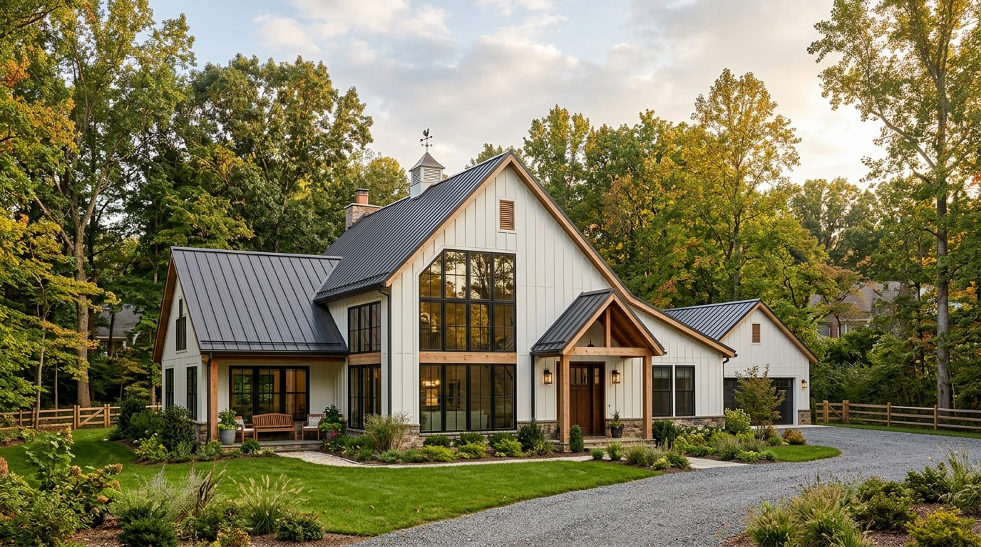 Finished barndominium home exterior with metal roofing near Washington D.C.