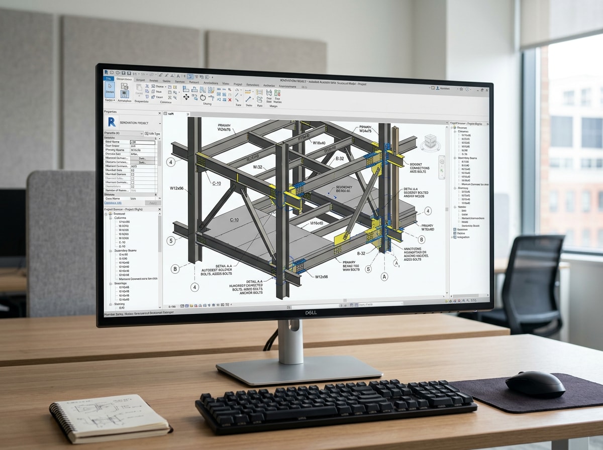 Structural Revit model showing steel beams, columns, and connection details for a Delaware renovation project