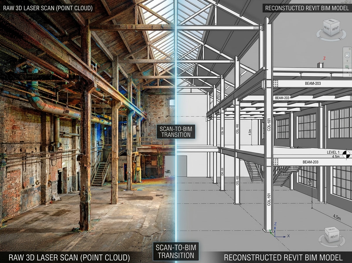 Point cloud scan data converted into a structural Revit model showing columns and beams for an as-built Delaware building