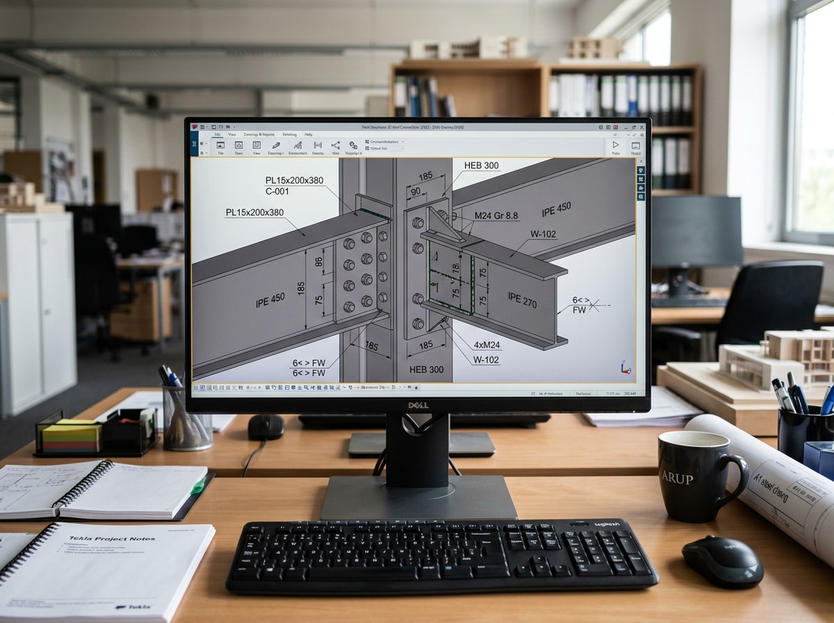 Tekla steel detailing model showing connection design and shop drawing details for structural steel framing