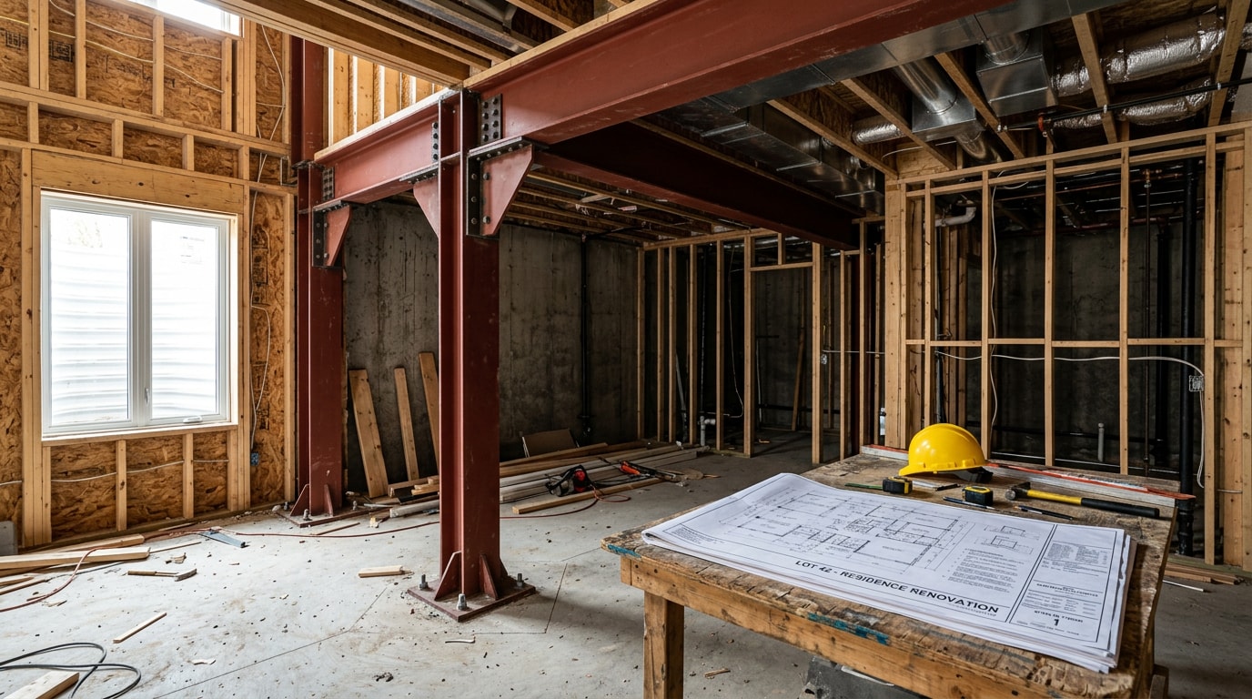Structural framing in a Delaware luxury home renovation showing exposed steel beams and connections