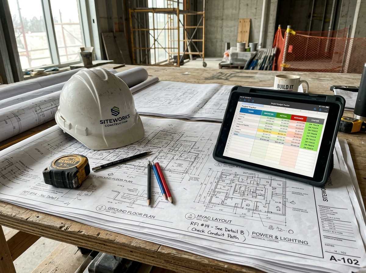Construction project manager reviewing blueprints with a Delaware building team