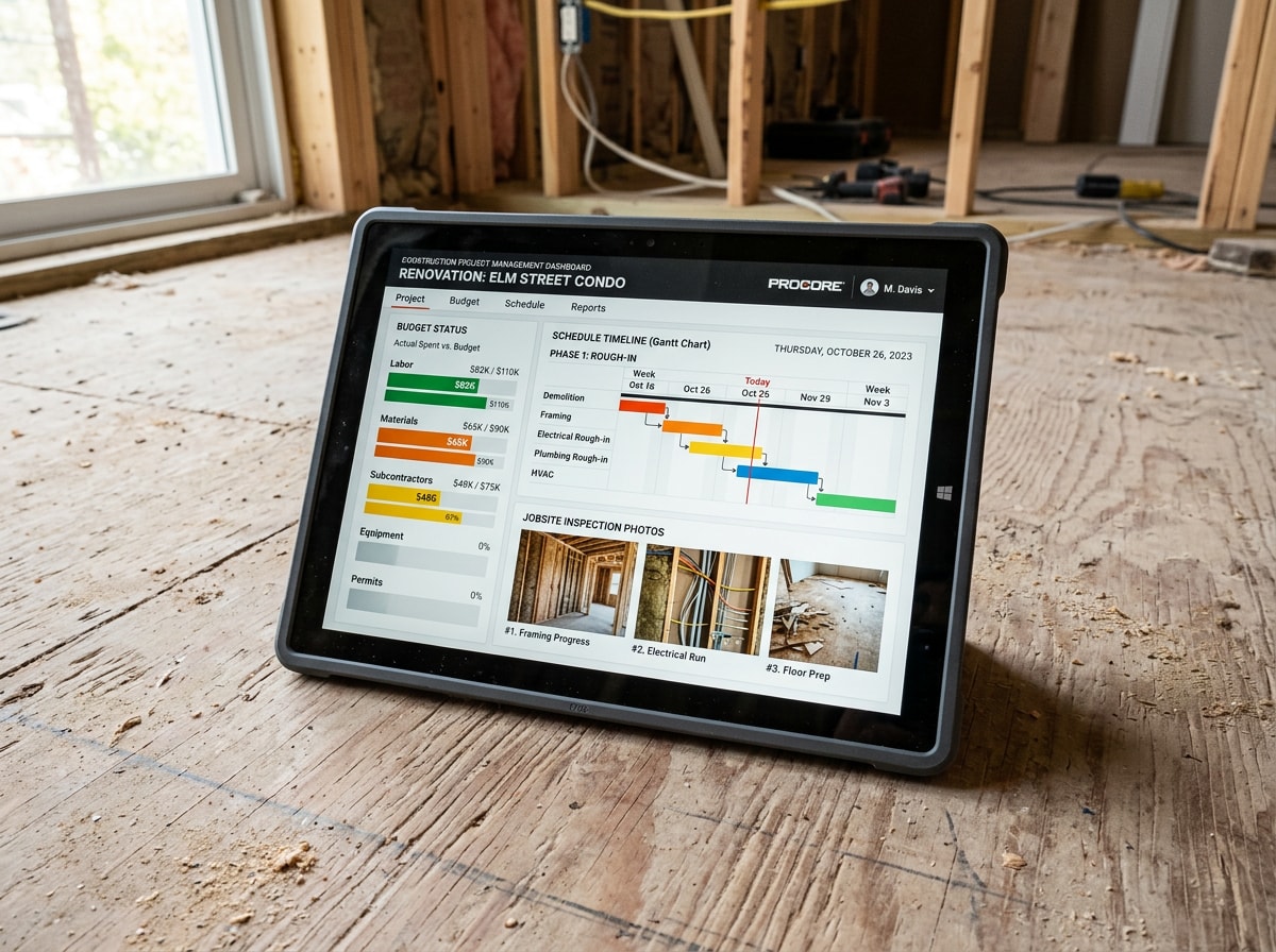 Construction project management dashboard showing real-time schedule and budget tracking
