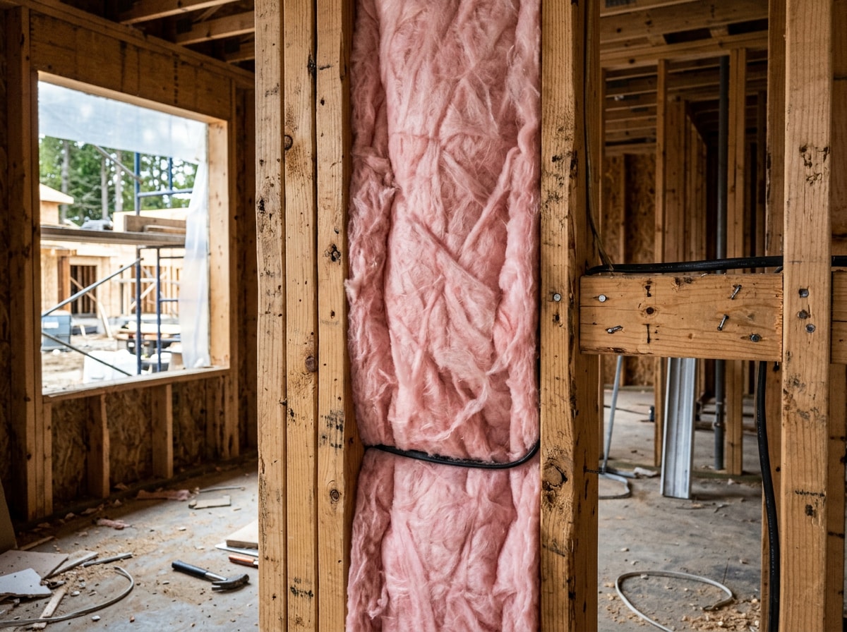 Close-up of framing lumber and insulation installation during a custom home build