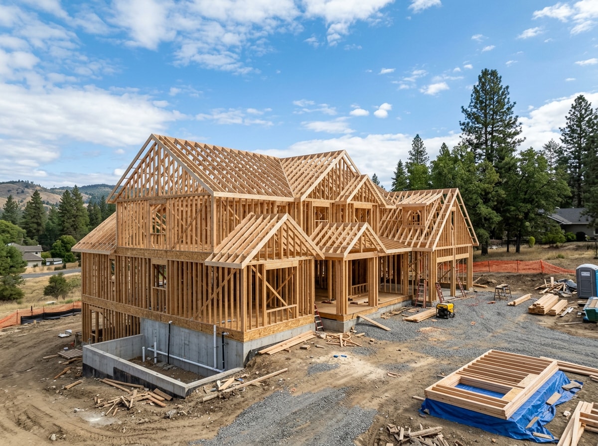 Construction site at the framing stage, showing foundation and wall framing on a Virginia custom home build