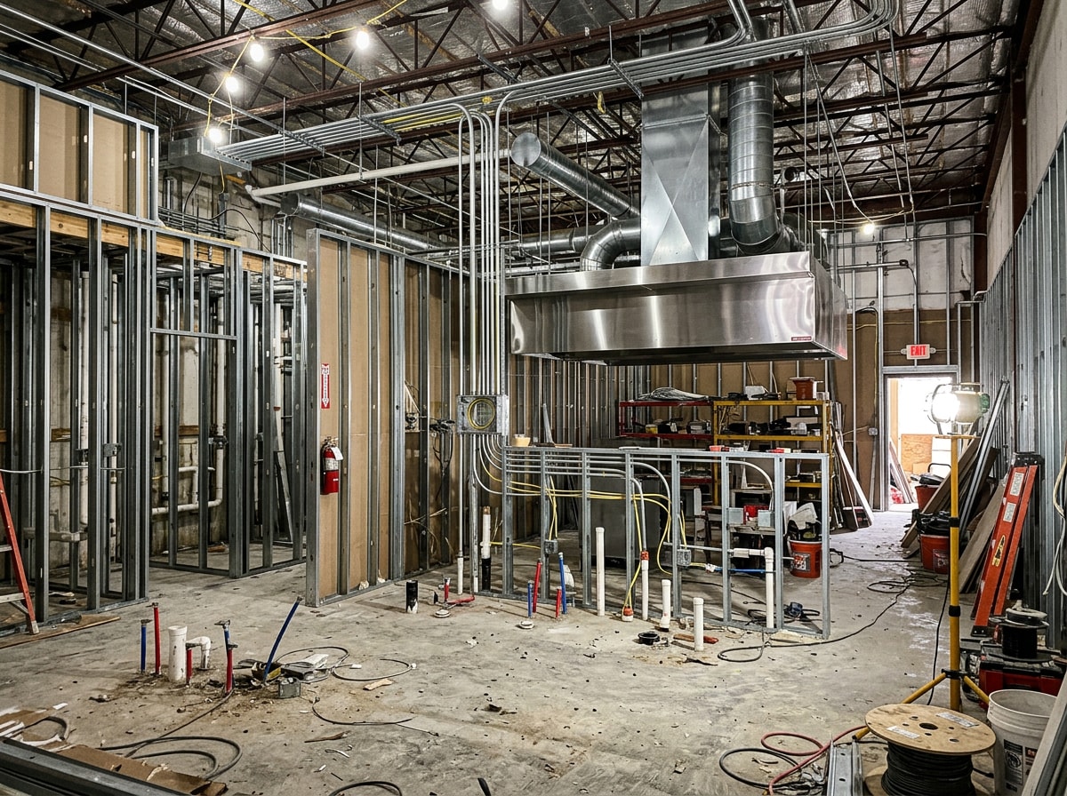 Interior of a Washington DC restaurant mid build-out showing exposed kitchen rough-in and framing