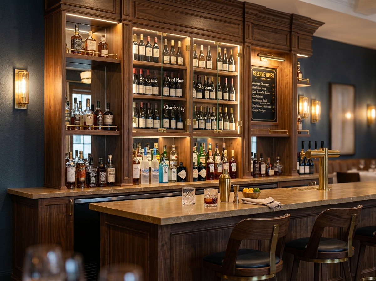Finished upscale restaurant bar with custom millwork backbar and wine display shelving