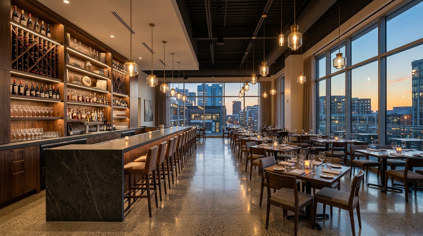 Finished upscale restaurant bar and dining room interior in Washington D.C. Finished upscale restaurant bar and dining room interior in Washington D.C.