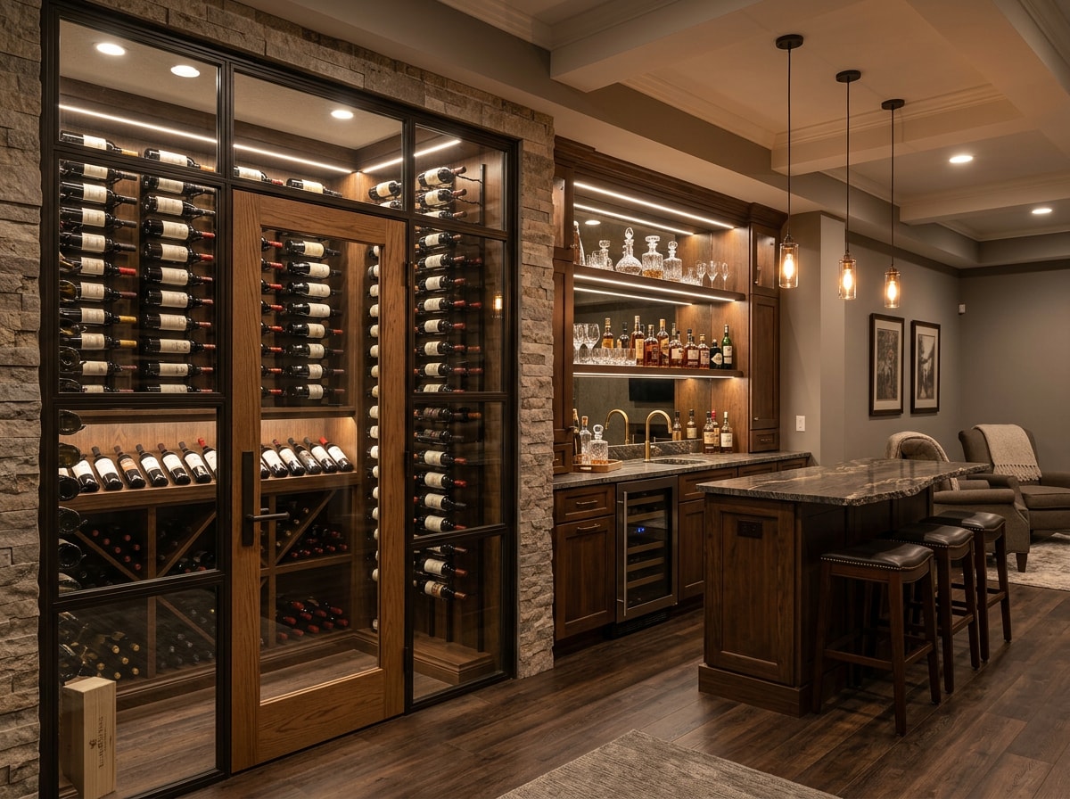 Finished lower-level addition featuring a custom wine cellar and bar area built into new square footage
