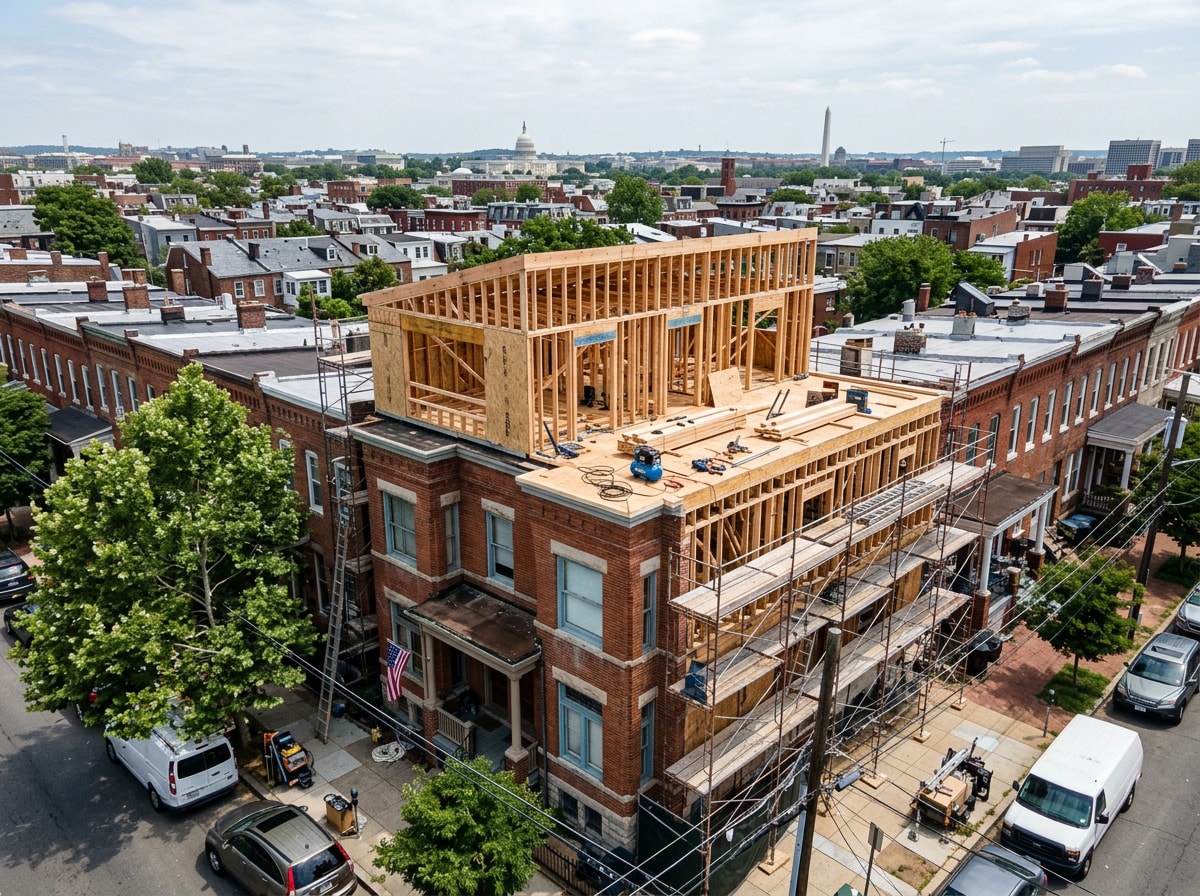 Second-story pop-top addition under construction on a Washington D.C. rowhouse