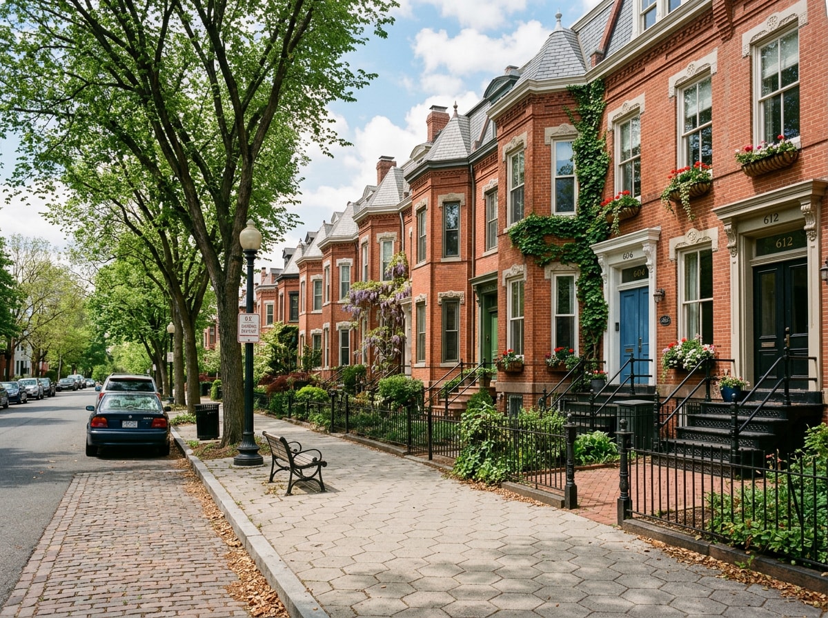 Historic rowhouse streetscape in a Washington D.C. historic preservation district