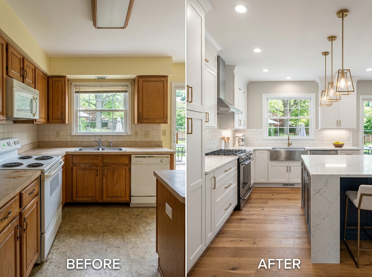 Before and after photos of a Maryland home renovation project showing kitchen remodel results