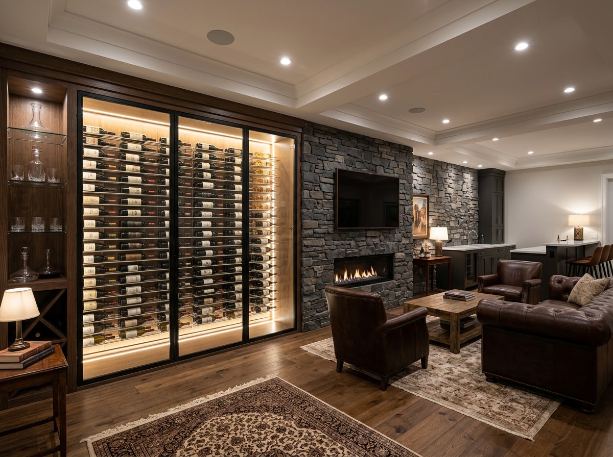Completed luxury basement renovation with wine storage and seating area