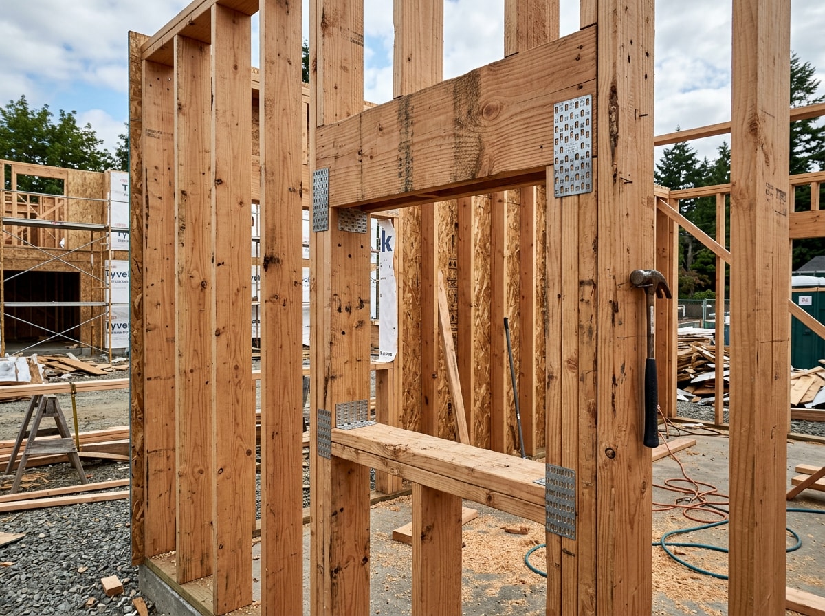 Framing crew installing wood wall studs on a new residential construction site in Delaware