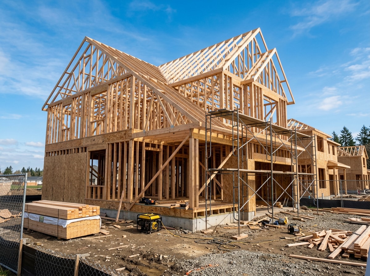 Completed wood frame structure of a single-family residential home in Delaware
