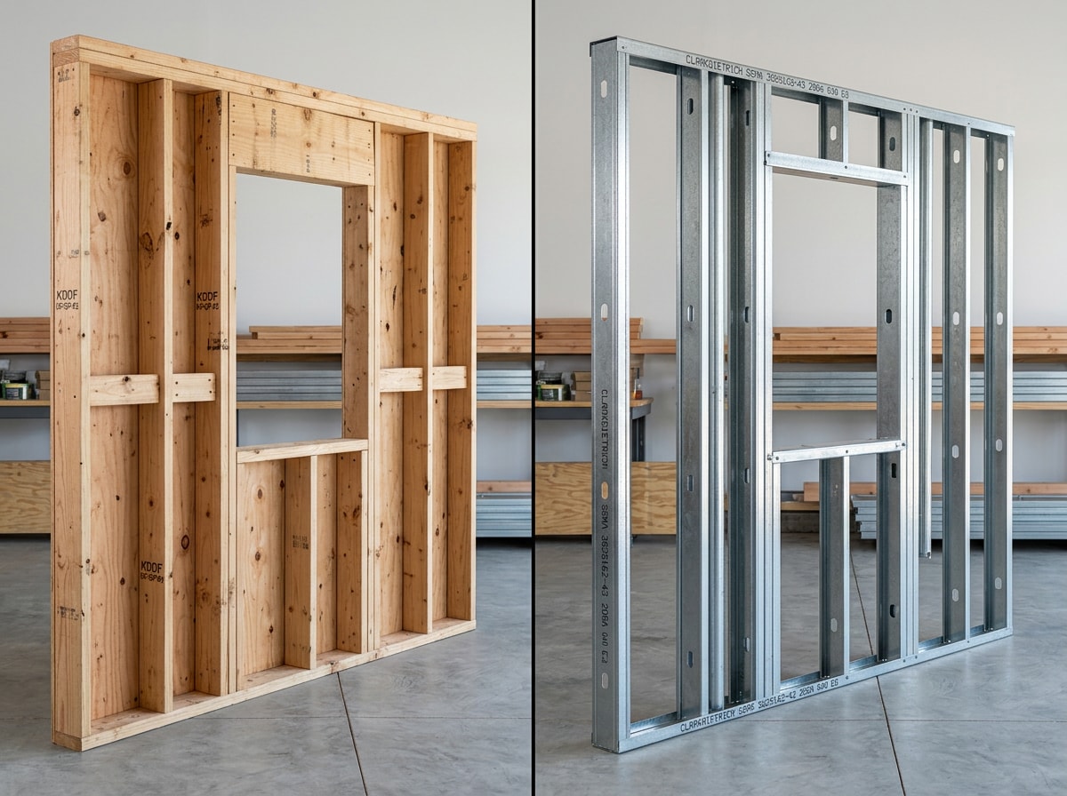 Side-by-side comparison of wood framing versus heavy gauge steel framing materials
