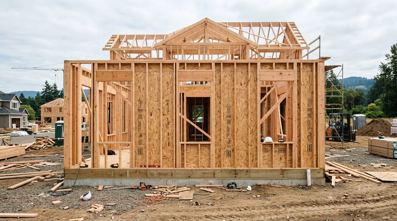 Newly framed residential home structure on a construction site in Delaware