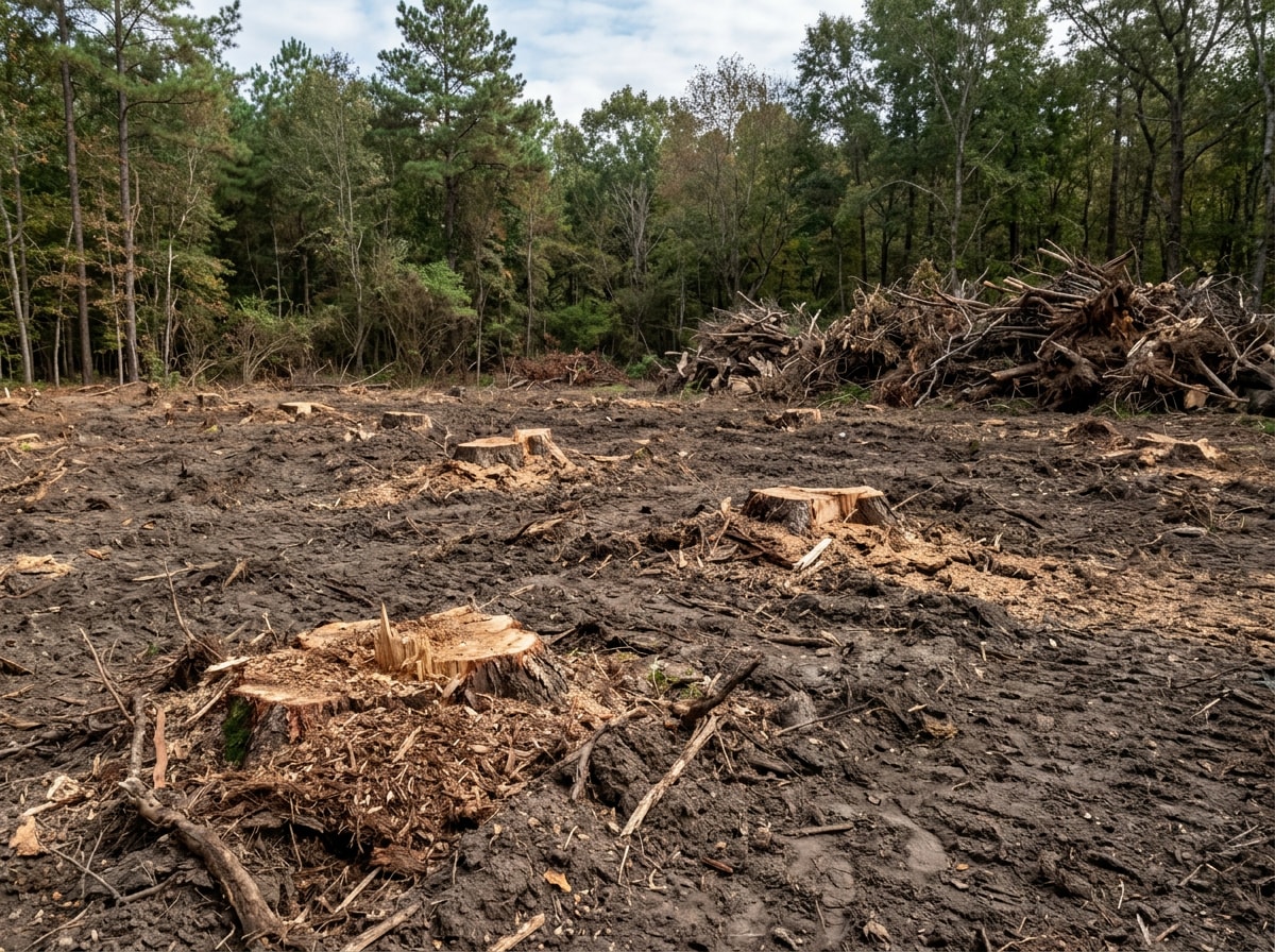Wooded Maryland building lot after stump grinding and brush clearing, cleared soil visible and ready for grading