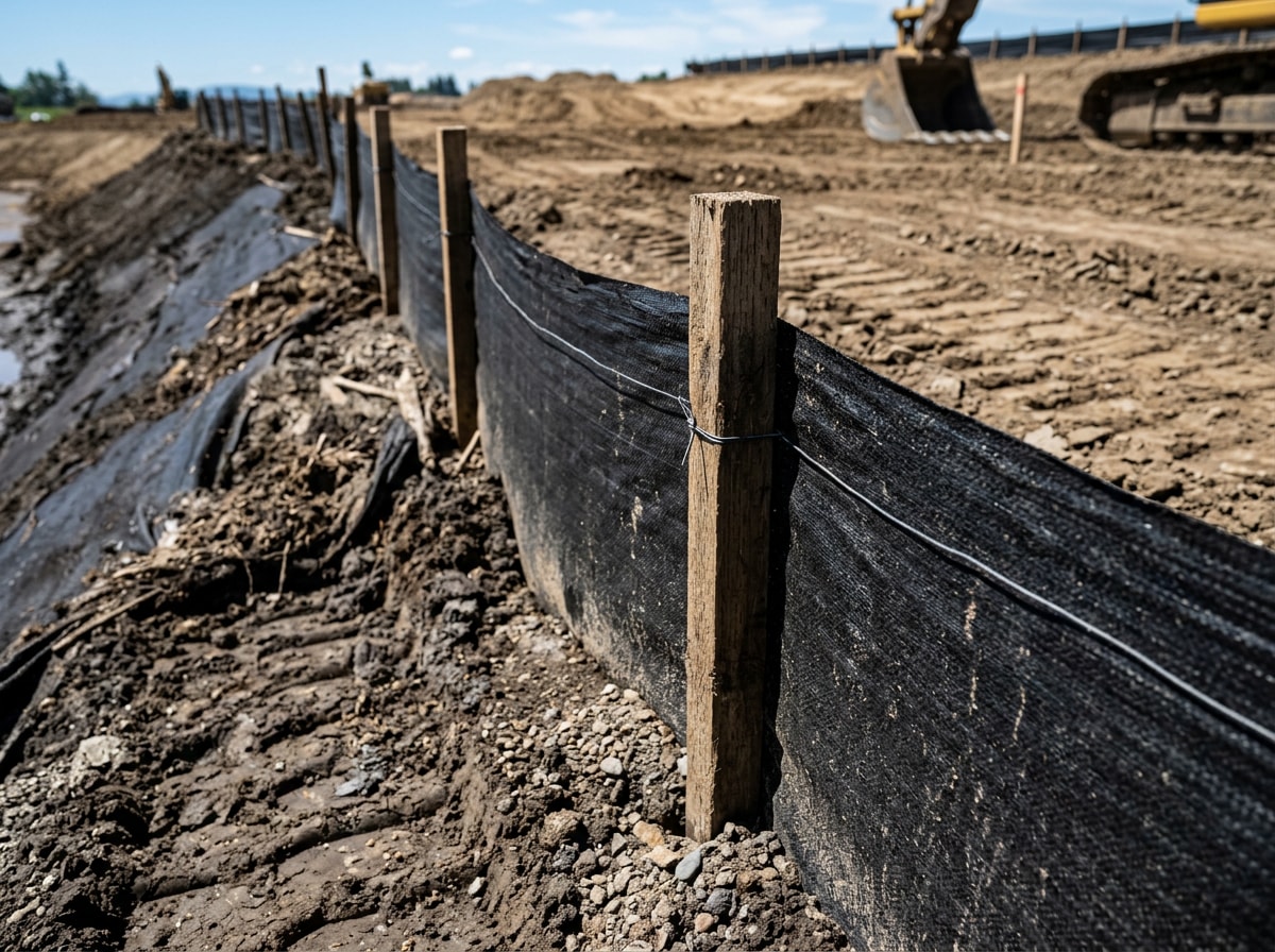 Close-up of a staked erosion and sediment control silt fence installed along a graded Maryland construction lot