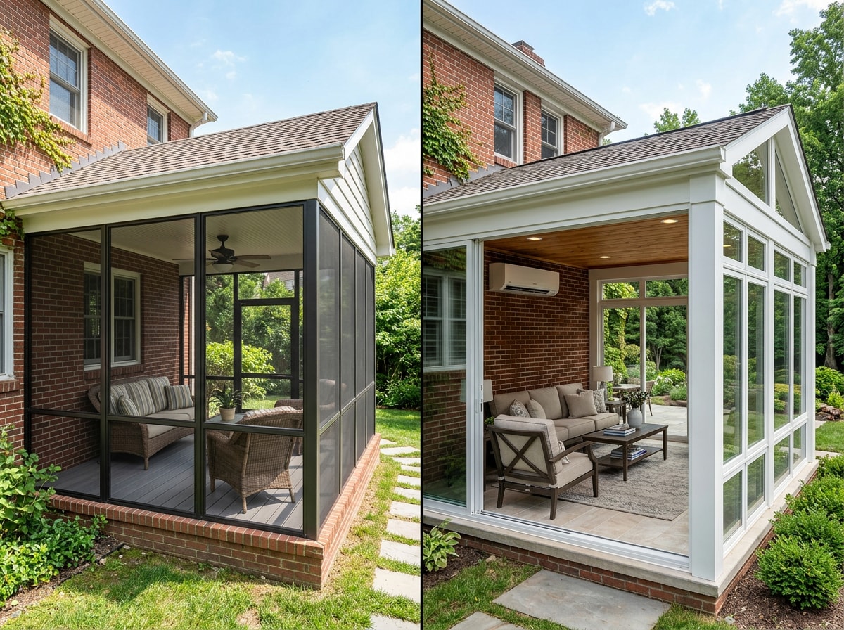 Side-by-side comparison of a three-season sunroom and a four-season sunroom addition