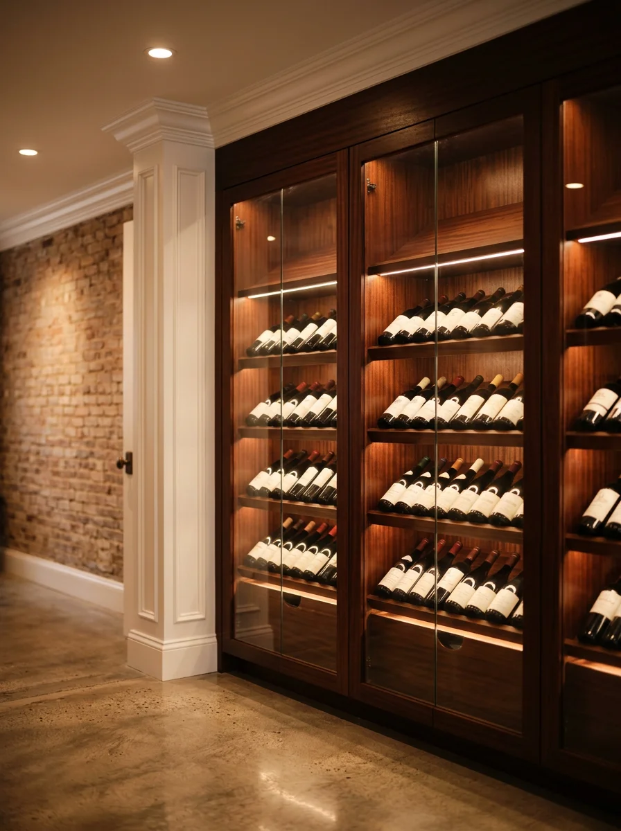 Finished luxury basement wine cellar with climate control, custom millwork cabinetry, and professional lighting in a DC row house.